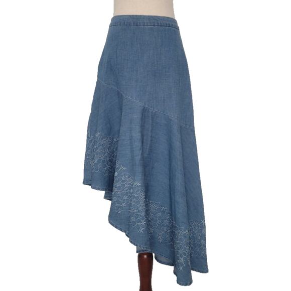 VTG Y2k Cristina V Denim Asymmetrical Embroidered Skirt Sz 4 Blue Boho Western - Picture 1 of 6